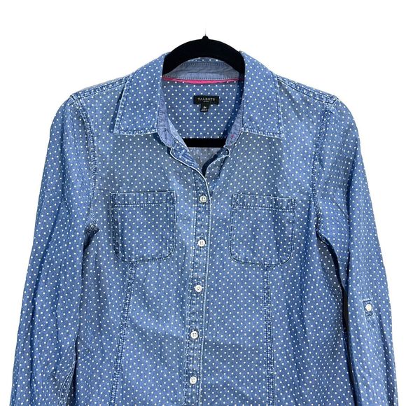 TALBOTS Women Blue Polka Dot 100% Cotton Denim Button-Up L/S Shirt Petites Sz 8P - Picture 2 of 10
